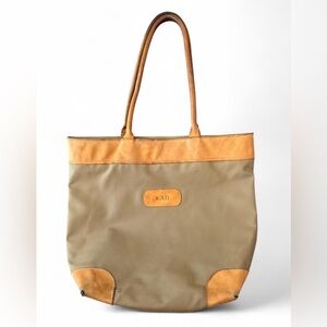 JON HART coated canvas shoulder tote with leather trim. Initials KAD